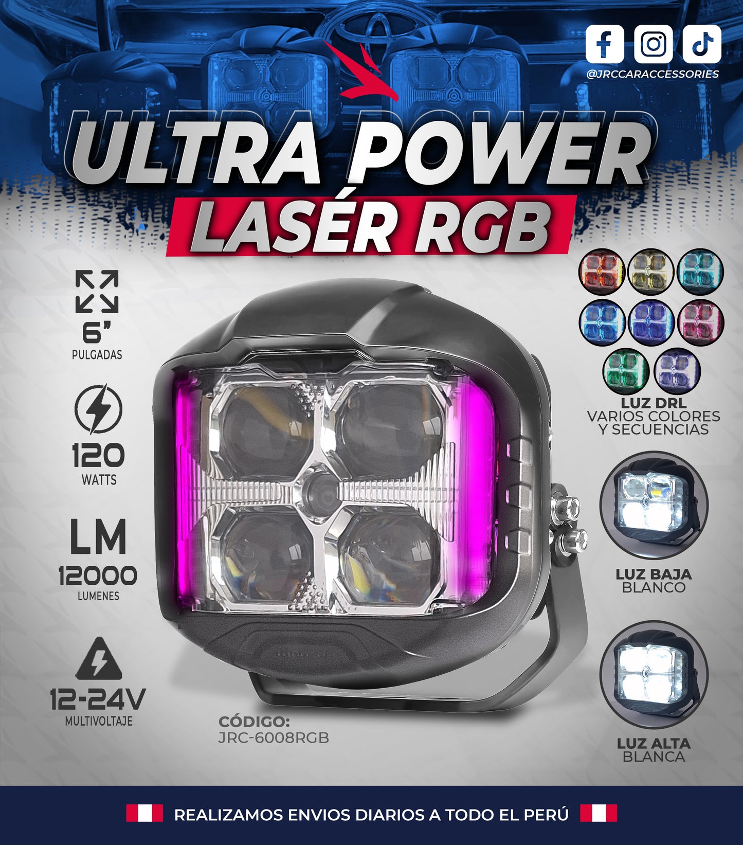 FARO ULTRAPOWER LASER DE 6 PULG CON DRL EN RGB   JRC-6008RGB